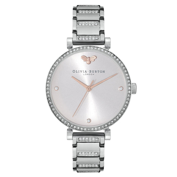 Olivia Burton Stainless Steel with Crystal Light Grey Sunray & Stone & Bee Dial Women's Watch - 24000001