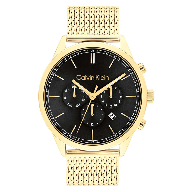 Calvin Klein Gold Steel Mesh Black Dial Multi-function Men's Watch - 25200375