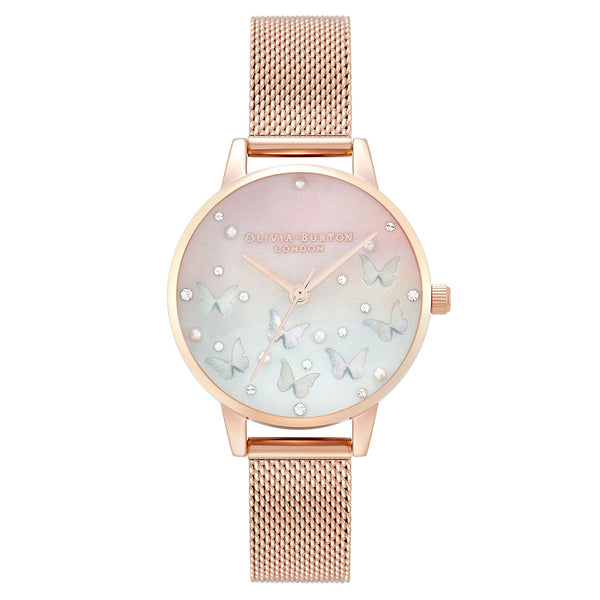 Olivia Burton Sparkle Butterfly, Midi Blush Dial With Blue Mother of Pearl, Rose Gold Mesh Women's Watch - OB16MB38