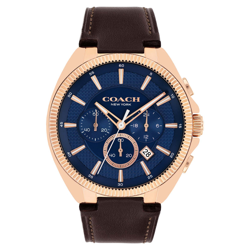 Coach Dark Brown Leather Navy Dial Chronograph Men's Watch - 14602745