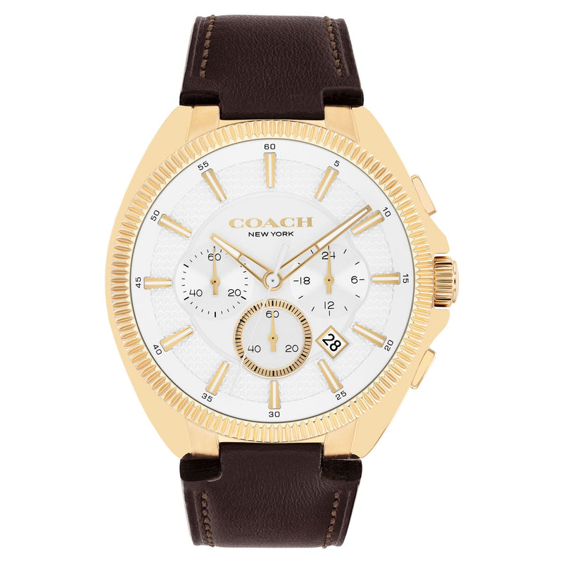 Coach Dark Brown Leather Silver White Dial Chronograph Men's Watch - 14602746