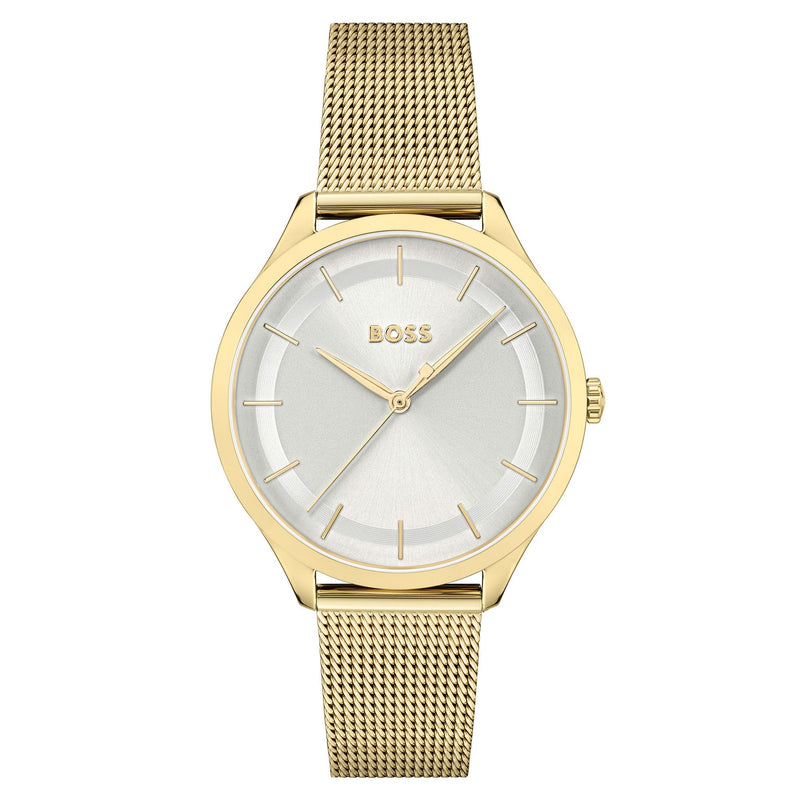 Hugo Boss Gold Steel Mesh Silver White Dial Slim Women's Watch - 1502696
