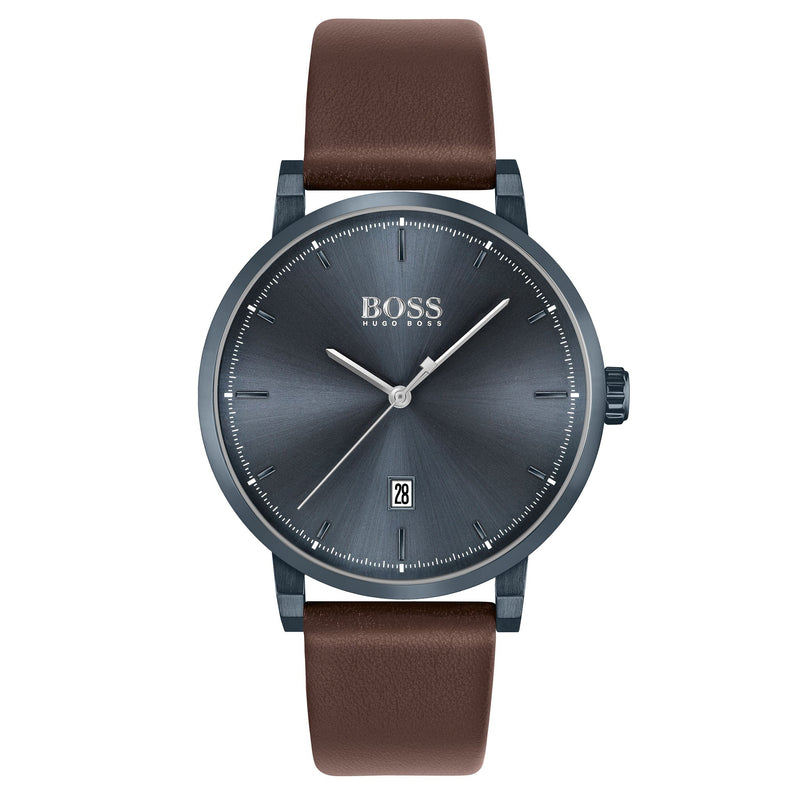 Hugo Boss Brown Leather Dark Blue Dial Men's Watch - 1513791