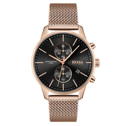 Hugo Boss Carnation Gold Steel Mesh Black Dial Chronograph Men's Watch - 1513806