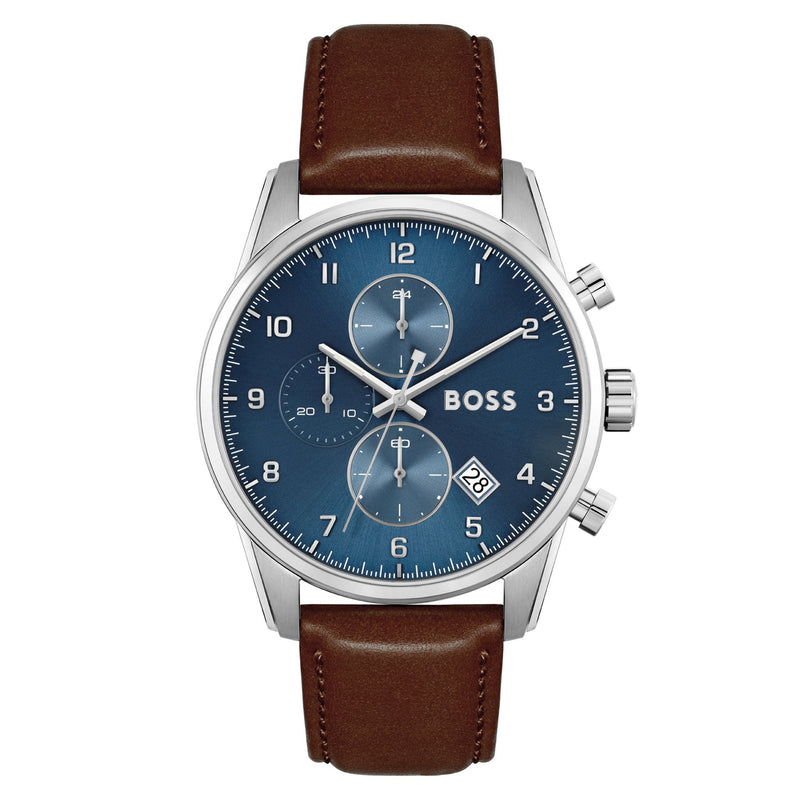 Hugo Boss Brown Leather Blue Dial Men's Chronograph Watch - 1513940