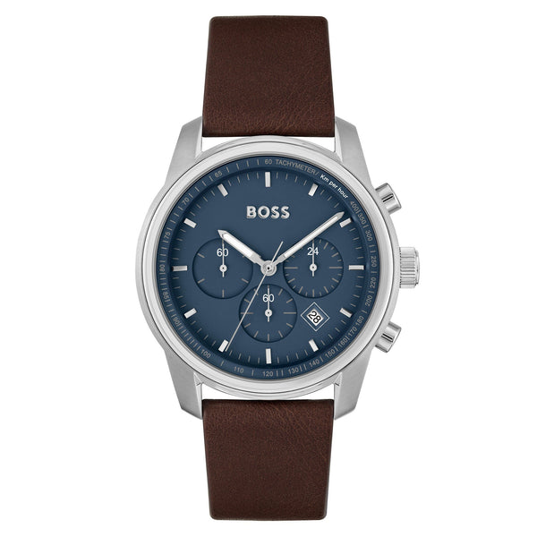 Hugo Boss Brown Leather Blue Dial Chronograph Men's Watch - 1514002