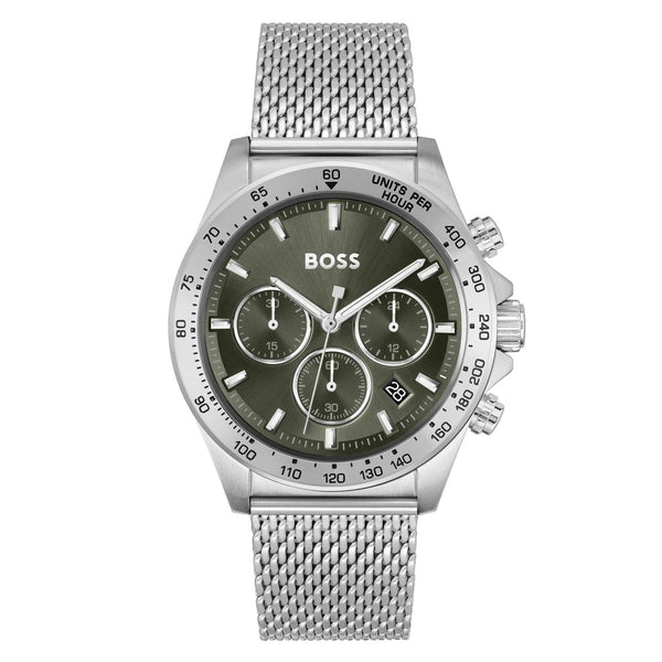 Hugo Boss Silver-tone Steel Mesh Green Dial Chronograph Men's Watch - 1514020