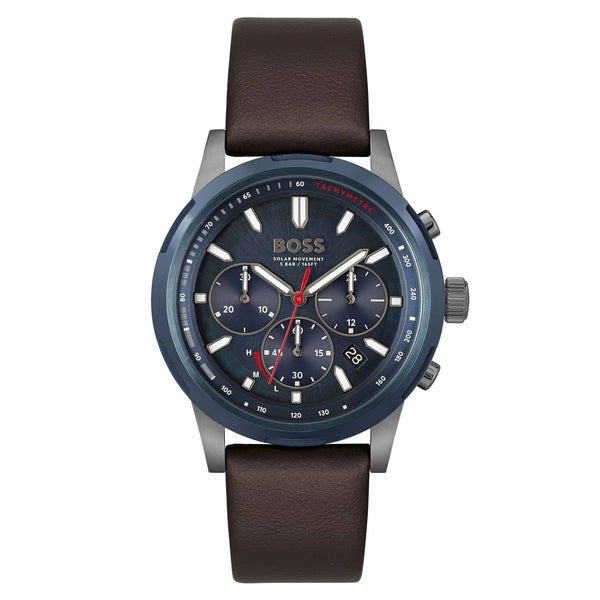 Hugo Boss Brown Leather Blue Dial Solar-Chronograph Men's Watch - 1514030