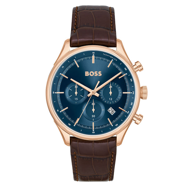 Hugo Boss Brown Leather Blue Sunray Dial Chronograph Men's Watch - 1514050