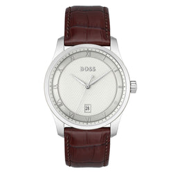 Hugo Boss Brown Calfskin Silver White Dial Men's Watch - 1514114