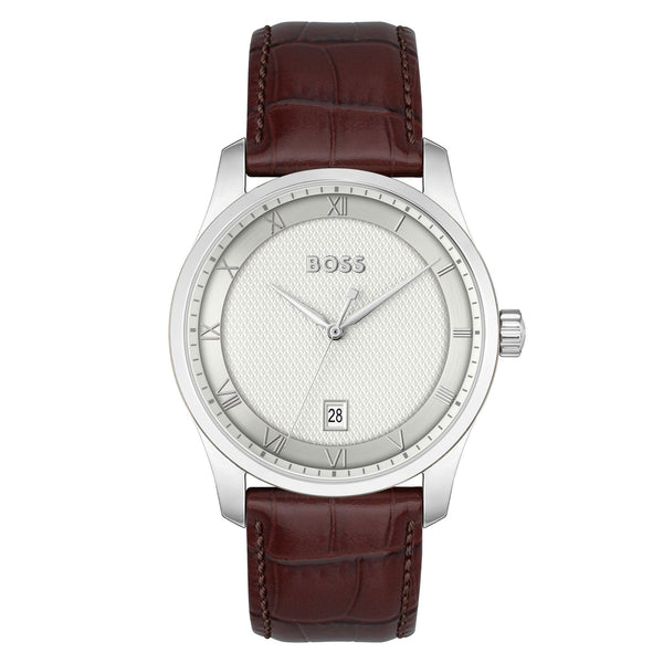 Hugo Boss Brown Calfskin Silver White Dial Men's Watch - 1514114