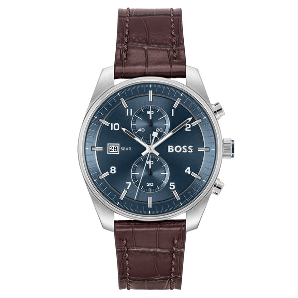 Hugo Boss Brown Leather Blue Dial Chronograph Men's Watch - 1514194