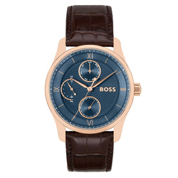 Hugo Boss Brown Leather Blue Dial Multi-function Men's Watch - 1514273