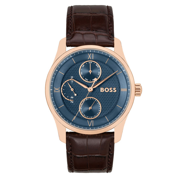 BOSS by Hugo Boss Brown Leather Blue Dial Multi-function Men's Watch ...