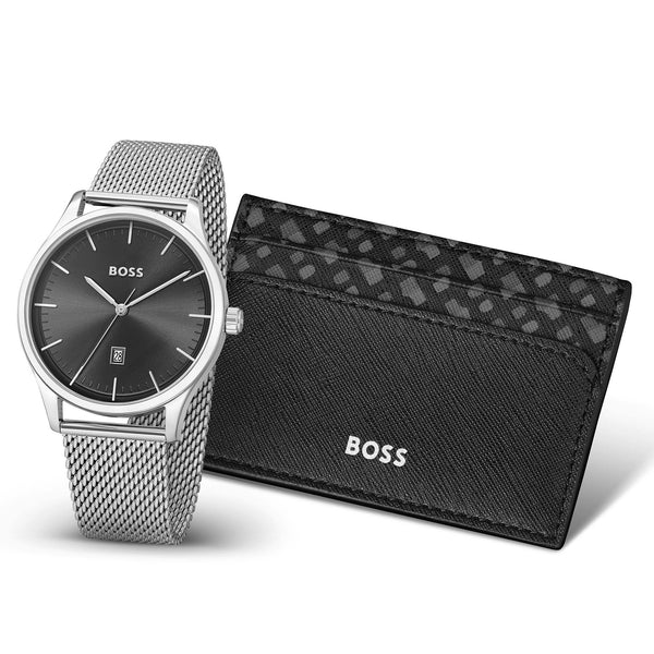 Hugo Boss Silver Steel Mesh Black Sunray Dial Men's Gift Set Watch - 1570159