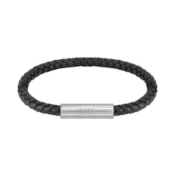 Hugo Boss Jewellery Braided Leather Stainless Steel & Black Leather Men's Leather Bracelet - 1580152