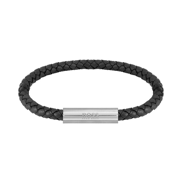 Hugo Boss Jewellery Braided Leather Stainless Steel & Black Leather Men's Leather Bracelet - 1580152