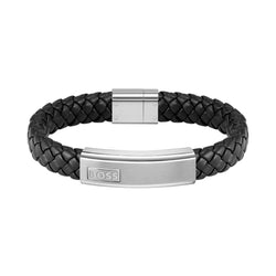 Hugo Boss Jewellery Stainless Steel & Black Leather Men's Bracelet - 1580178M