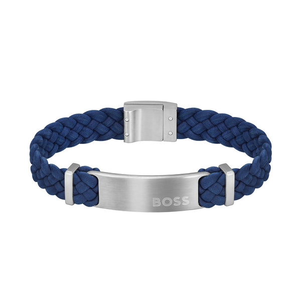 Hugo Boss Jewellery Stainless Steel & Navy Leather Men's Bracelet - 1580609M