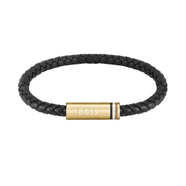 Hugo Boss Jewellery Gold Steel Black Leather Men s Bracelet 1580624