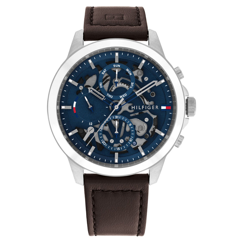 Tommy Hilfiger Dark Brown Leather Band Blue Dial Men's Multi-function Watch - 1710476