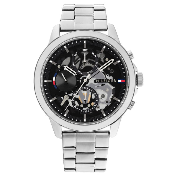 Tommy Hilfiger Silver Steel Black Dial Men's Multi-function Watch - 1710477