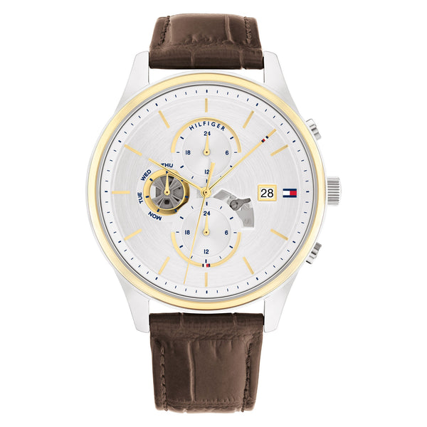 Tommy Hilfiger Brown Leather Silver White Dial Multi-function Men's Watch - 1710501