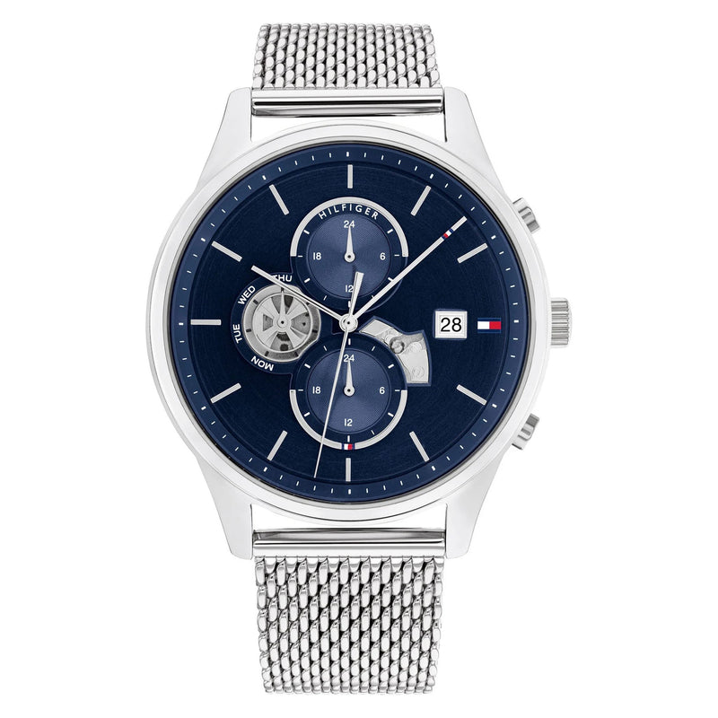 Tommy Hilfiger Silver-Tone Mesh Navy Dial Multi-function Men's Watch - 1710504