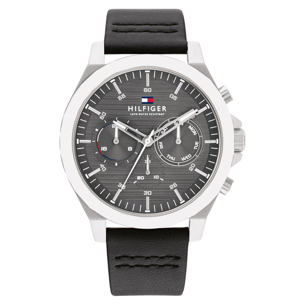 Tommy Hilfiger Black Leather Dark Grey Dial Multi-function Men's Watch - 1710521