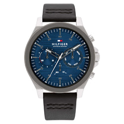 Tommy Hilfiger Black Leather Blue Dial Multi-function Men's Watch - 1710523