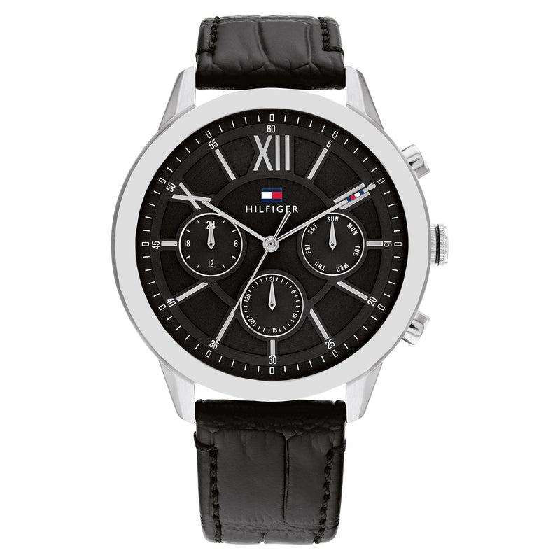 Tommy Hilfiger Black Leather Grey Dial Multi-function Men's Watch - 1710527