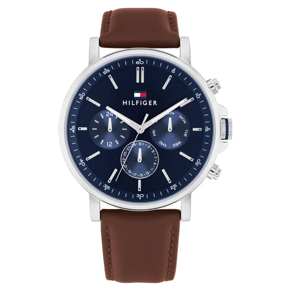 Tommy Hilfiger Brown Leather Navy Dial Multi-function Men's Watch - 1710585