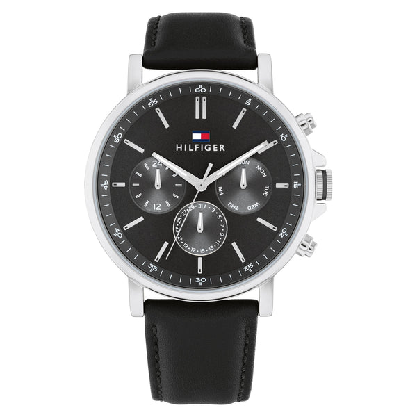 Tommy Hilfiger Black Leather Dark Grey Dial Multi-function Men's Watch - 1710586