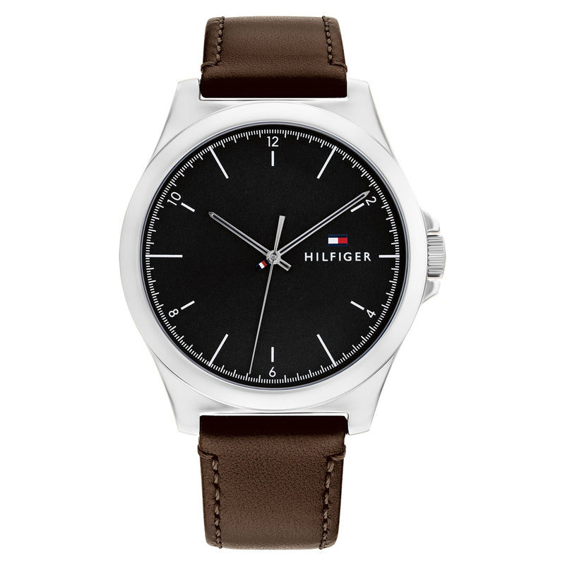 Tommy Hilfiger Dark Brown Leather Black Dial Men's Watch - 1710601