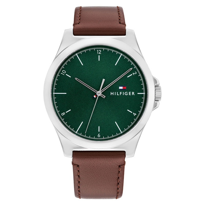 Tommy Hilfiger Brown Leather Green Dial Men's Watch - 1710602