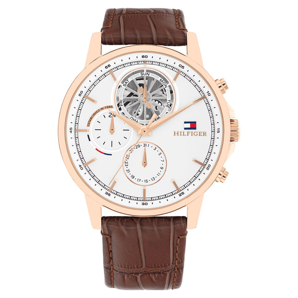 Tommy Hilfiger Brown Leather White Dial Multi-function Men's Watch - 1710606