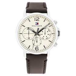 Tommy Hilfiger Dark Brown Leather Parchment Dial Multi-function Men's Watch - 1710642