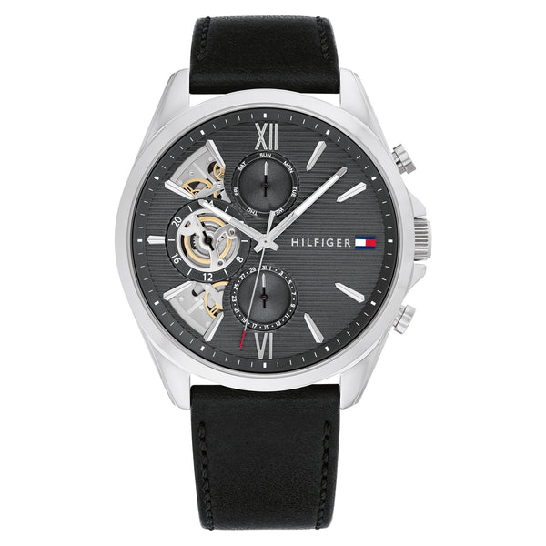 Tommy Hilfiger Black Leather Dark Grey Dial Multi-function Men's Watch - 1710644