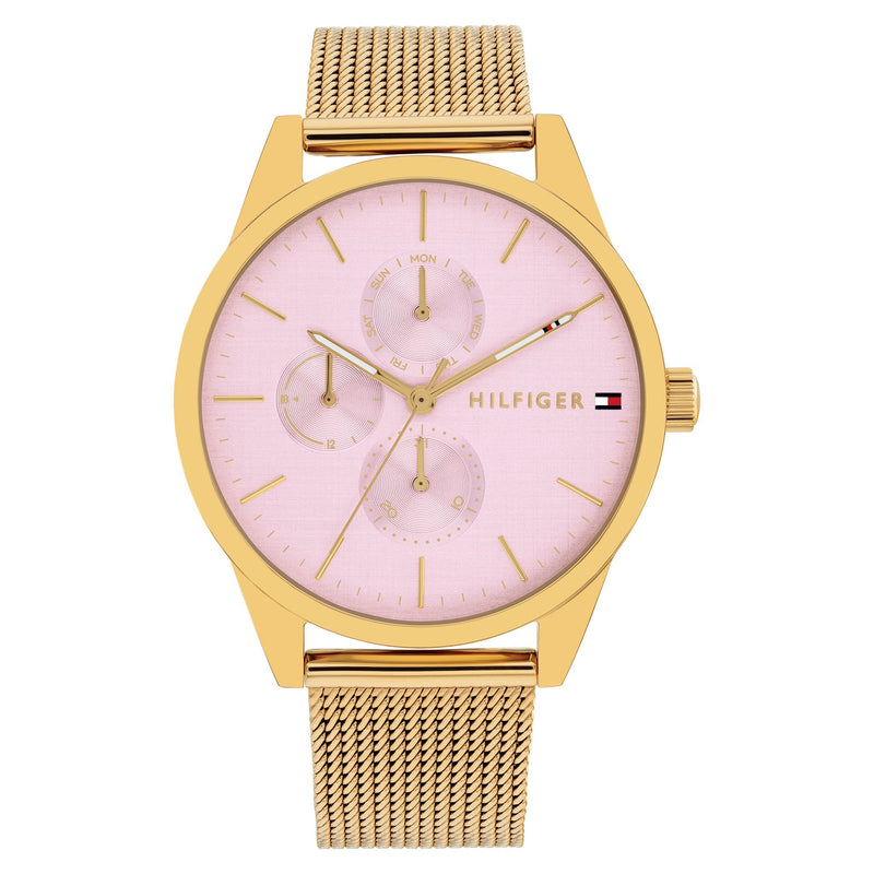 Tommy Hilfiger Gold Steel Mesh Blush Dial Multi-function Women's Watch ...