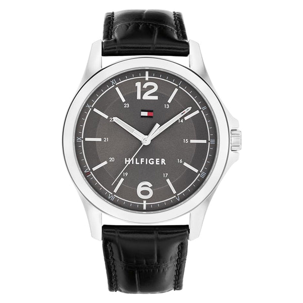 Tommy Hilfiger Black Leather Grey Dial Men's Watch - 1791376