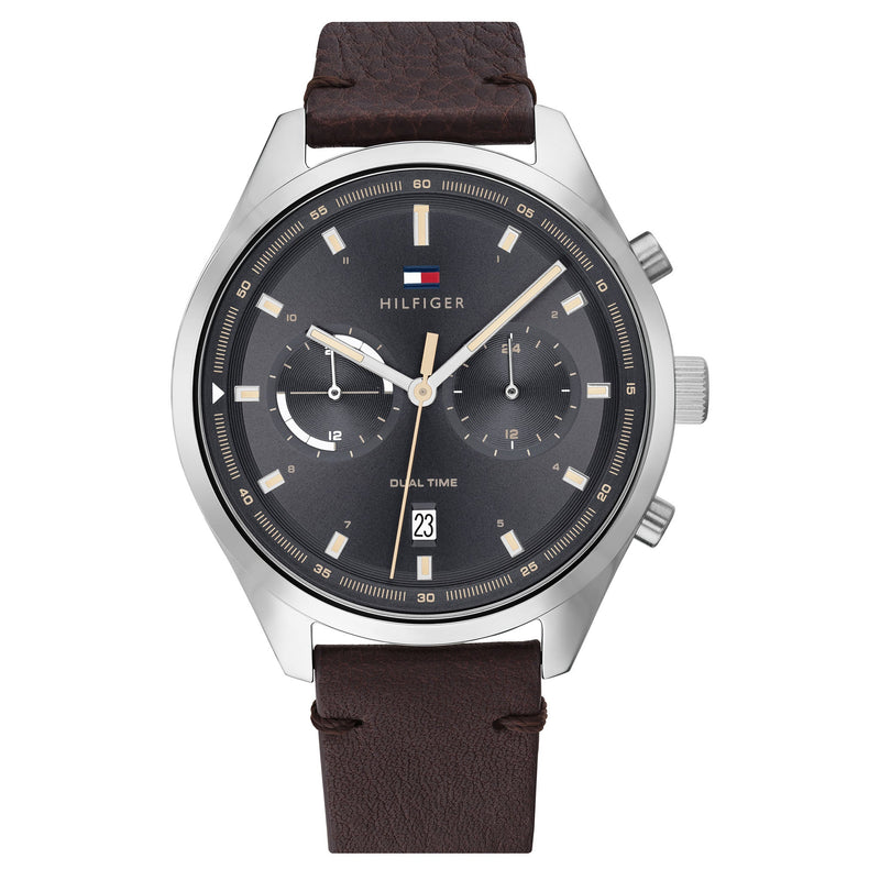 Tommy Hilfiger Dark Brown Leather Grey Dial Multi-function Men's Watch - 1791729