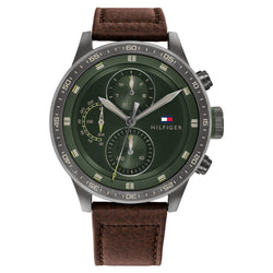 Tommy Hilfiger Brown Leather Green Dial Men's Multi-function Watch - 1791809