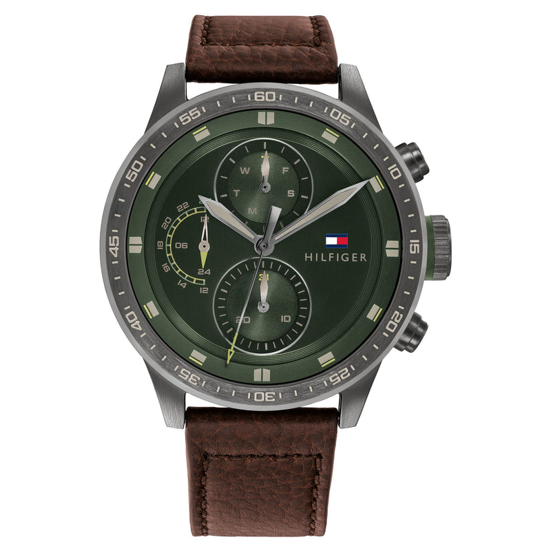 Tommy Hilfiger Brown Leather Green Dial Men's Multi-function Watch - 1791809