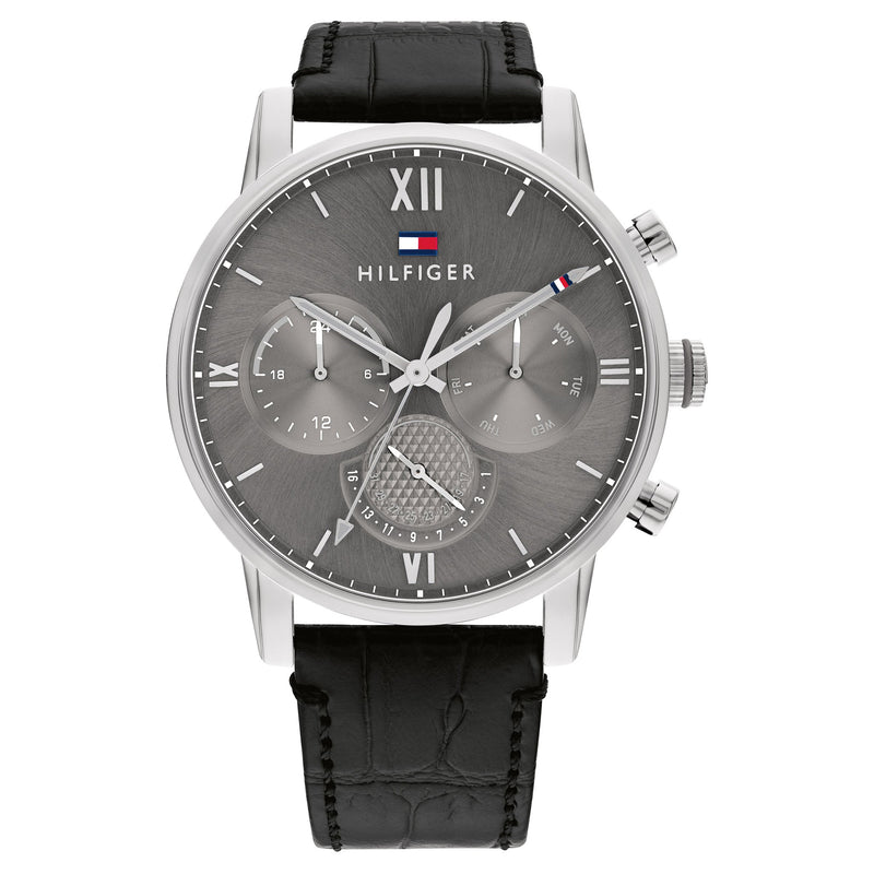 Tommy Hilfiger Black Leather Grey Dial Men's Multi-function Watch - 1791883