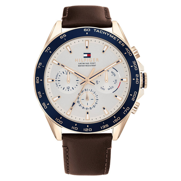 Tommy Hilfiger Brown Leather Silver White Dial Men's Multi-function Watch - 1791966