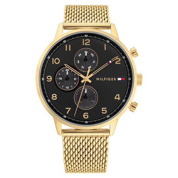 Tommy Hilfiger Gold Steel Mesh Black Dial Men's Multi-function Watch - 1791989