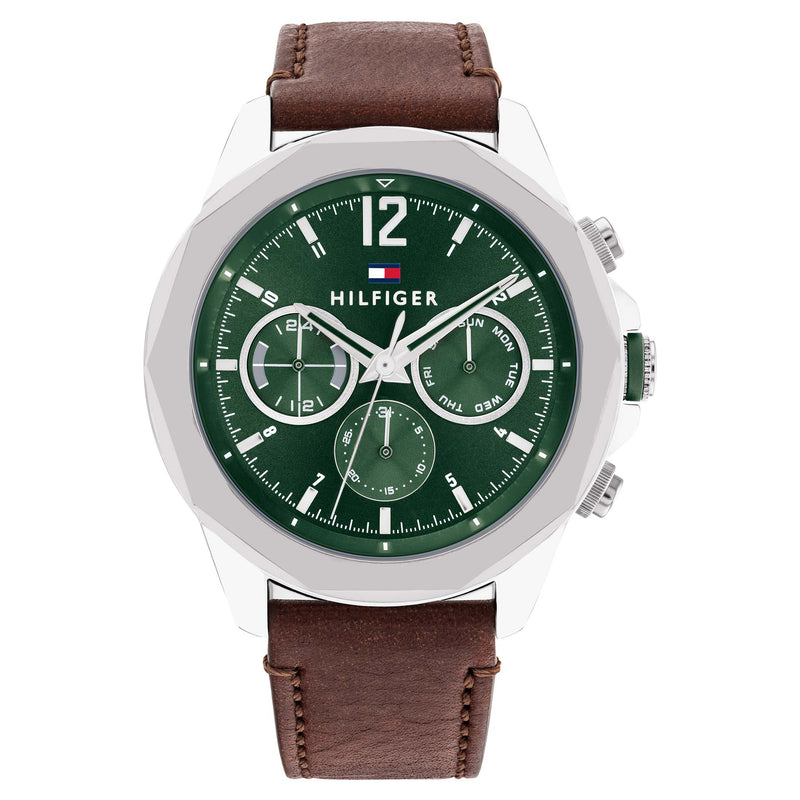 Tommy Hilfiger Brown Leather Green Dial Multi-function Men's Watch - 1792064