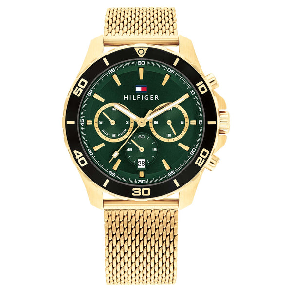 Tommy Hilfiger Gold Steel Mesh Green Dial Multi-function Men's Watch - 1792093