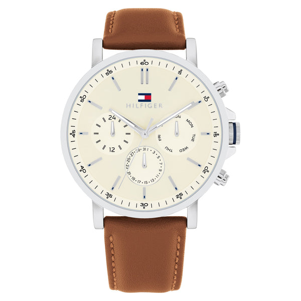 Tommy Hilfiger Brown Leather Parchment Dial Multi-function Men's Watch - 1792143