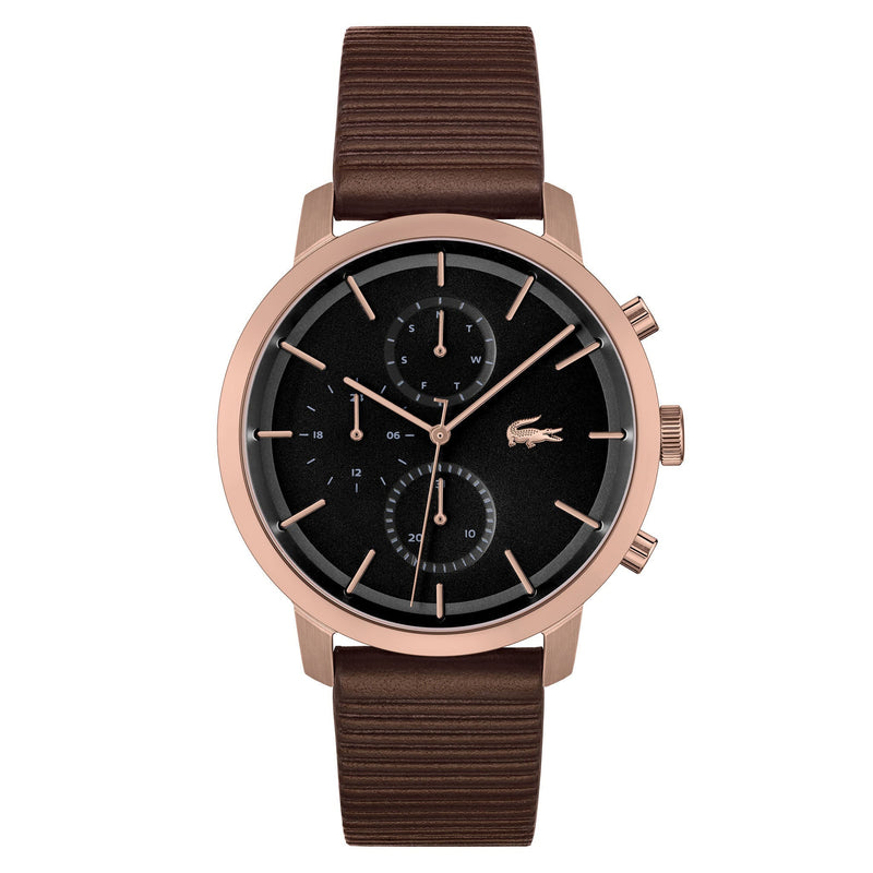 Lacoste Brown Leather Black Dial Multi-function Men's Watch - 2011257